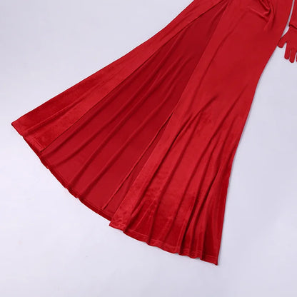 Sexy V Neck Long Sleeve High Split Long Maxi Dress Night Club Prom Wedding Party Dresses Women Evening Elegant Red Velvet Dress