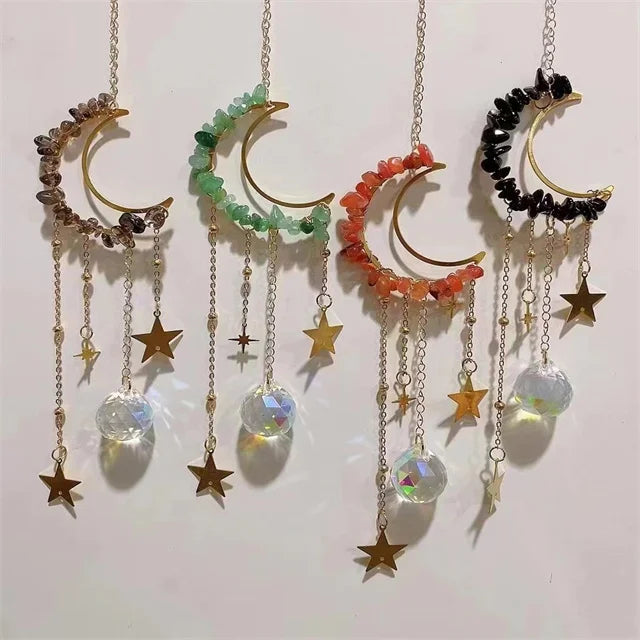 Wholesale Crystals Moon Shaped Natural Mixed Crystal Stone Chips Angel Sun Catcher Stained Glass Hangings for Sale