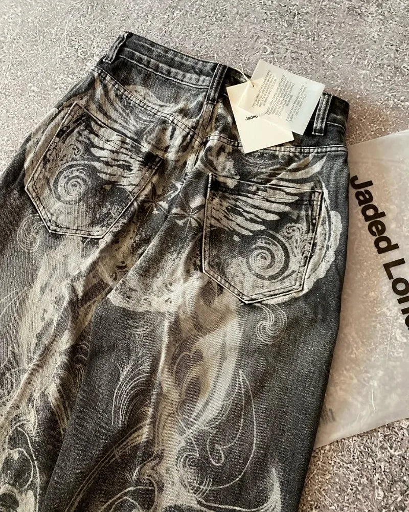 Y2K American New Hole Oversized Printing Washed Old Casual Jeans Men Punk Fashion Vintage Hip Hop High Waist Wide Leg Pants