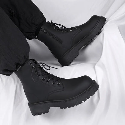 Men's Boots High Top Leather Boots British Style Black Ankle Boots Platform Lace Up Motorcycle Boot Couple Outdoor Casual Shoes