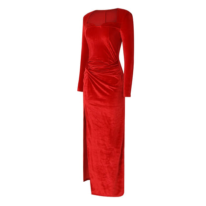 Semi Formal Women Dresses Sexy Slim Slit Square Neck Dress Fashionable And Elegant Velvet Gathered Winter Dress Vestidos
