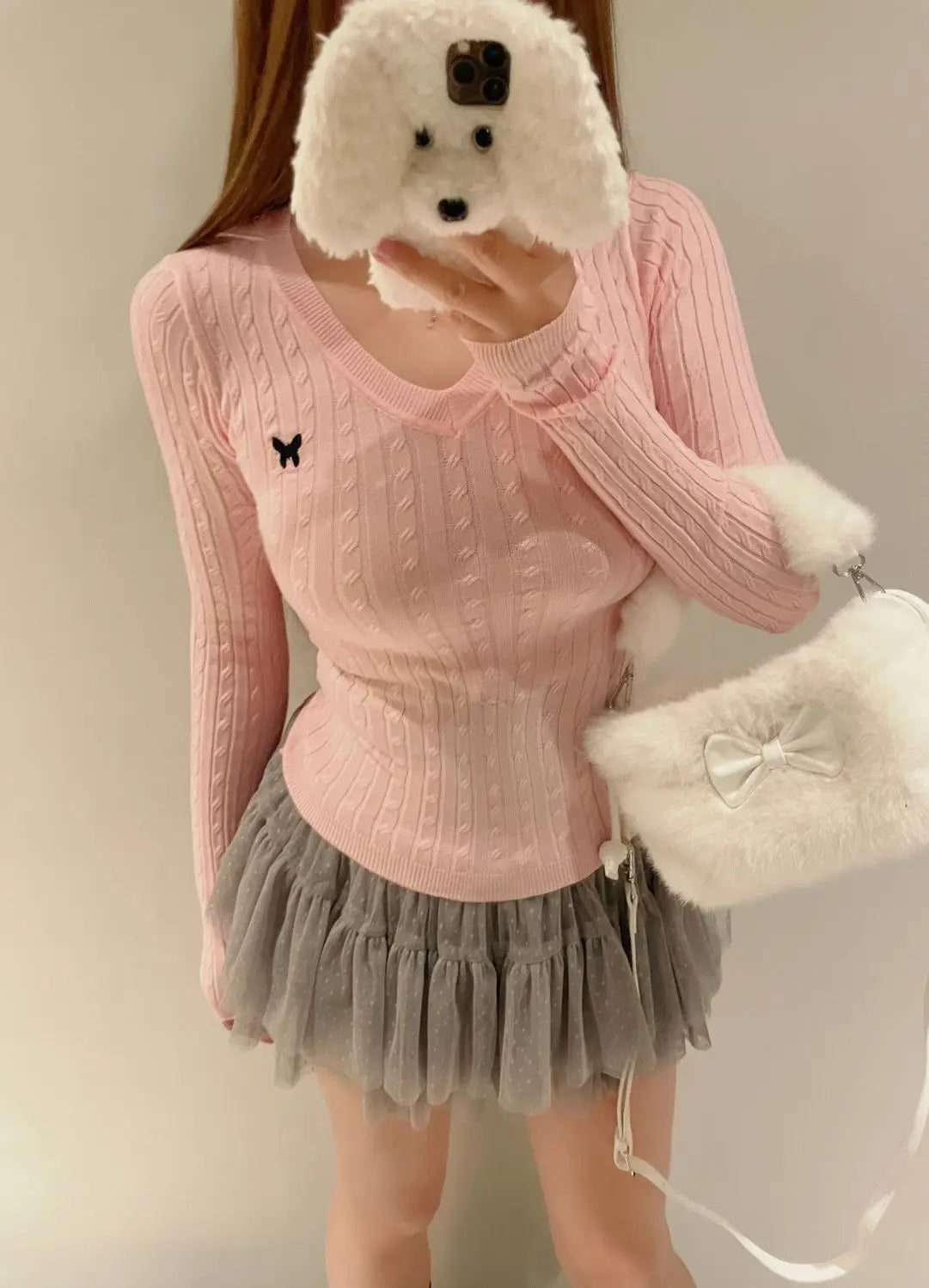 Casual V Neck White Pullovers Women Sweaters Autumn Winter Basic Long Sleeve Y2k Clothes Korean Pink Grey Ladies Tops Jumpers