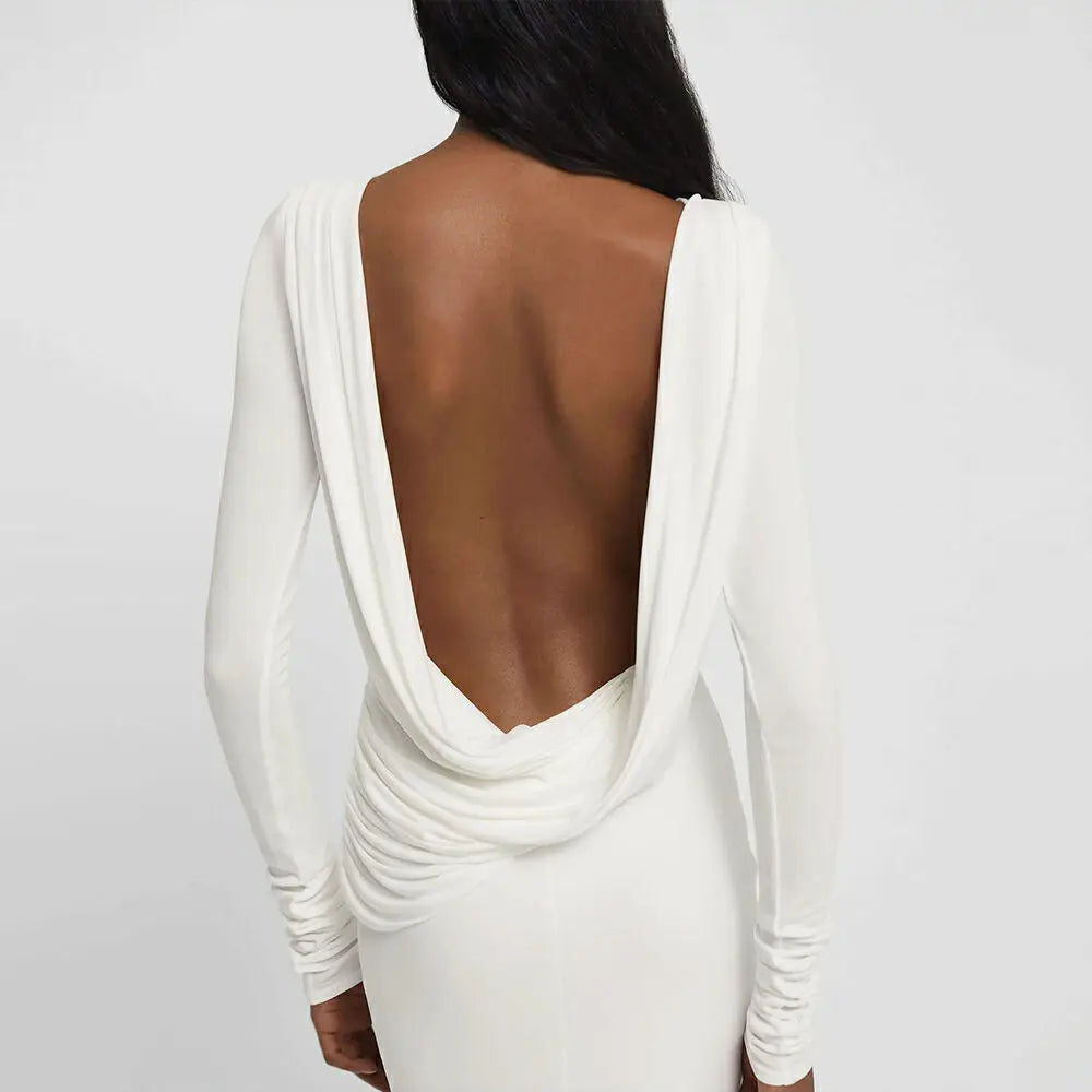 GACVGA Backless Long Sleeve Maxi Dress For Women 2024 Autumn Winter New High Waist White Ruched Sexy Bodycon Long Dress