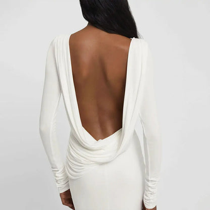 GACVGA Backless Long Sleeve Maxi Dress For Women 2024 Autumn Winter New High Waist White Ruched Sexy Bodycon Long Dress