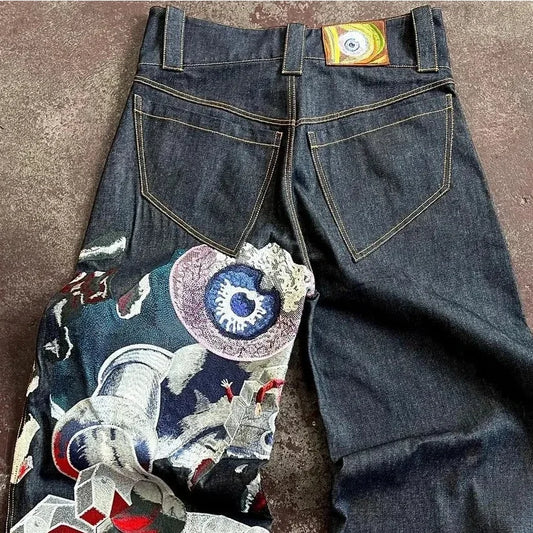 Streetwear Y2K Jeans Mens Womens Casual Hip Hop Punk Baggy Jeans Retro Oversized Graphic Embroidery High Waisted Wide Leg Jeans