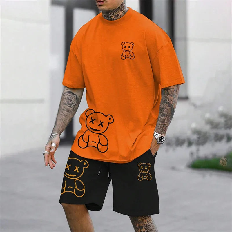 2024 Harajuku fun summer Men's T-shirt casual Daily couple Outdoor street suit Short sleeve shorts two-piece set