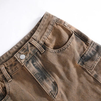 High Waist Tie Dye Denim Pants Women's Workwear Style Loose Fit Multi Pocket Trendy Street Fashion Long Trousers
