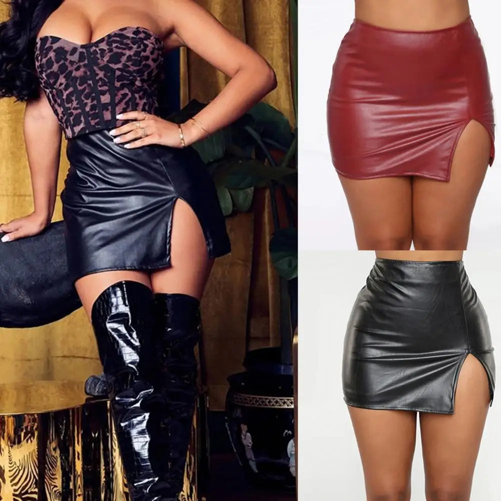 Leather Slim Mini Skirt Sexy Fashion PU Hot Short High Waist Skirt Korean Nightclub Faux Leather High Waist Split Skinny Skirt