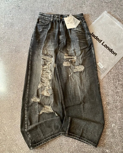Y2K American New Hole Oversized Printing Washed Old Casual Jeans Men Punk Fashion Vintage Hip Hop High Waist Wide Leg Pants