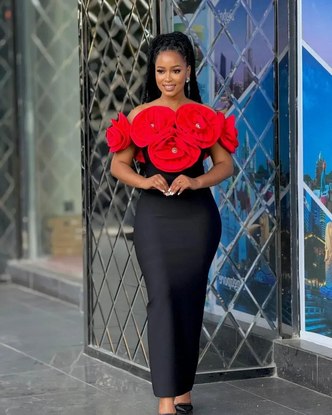2024 High Quality Summer Women's New Black Sexy One Shoulder Dress with High Quality 3D Flower Decoration Slim Fit Bandage Dress