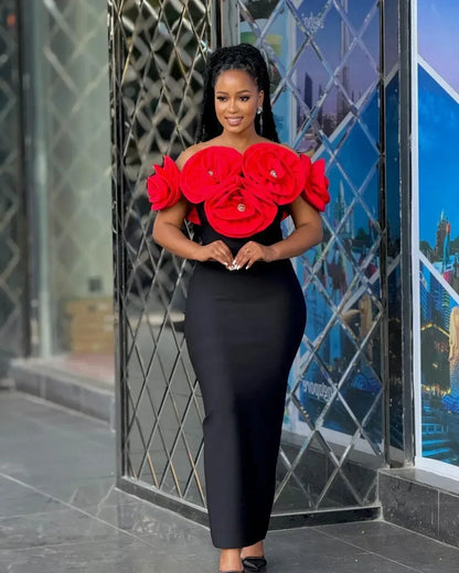 2024 High Quality Summer Women's New Black Sexy One Shoulder Dress with High Quality 3D Flower Decoration Slim Fit Bandage Dress