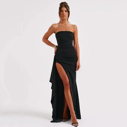 Cryptographic Off Shoulder Elegant High Rise Split Maxi Dress Club Outfits for Women Sexy Strapless Evening Dresses Ruched Gown