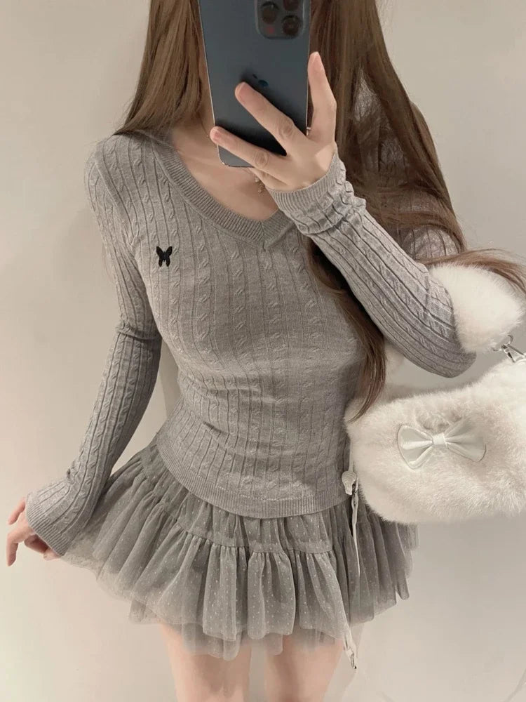 Casual V Neck White Pullovers Women Sweaters Autumn Winter Basic Long Sleeve Y2k Clothes Korean Pink Grey Ladies Tops Jumpers