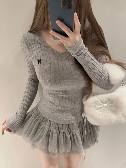 Casual V Neck White Pullovers Women Sweaters Autumn Winter Basic Long Sleeve Y2k Clothes Korean Pink Grey Ladies Tops Jumpers