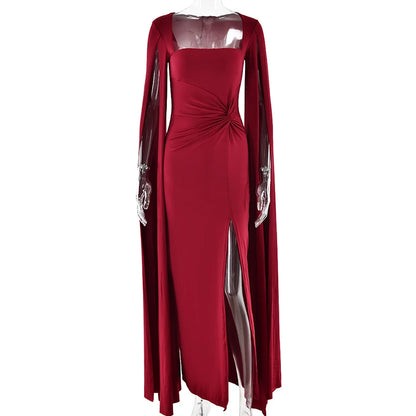 Mozision Long Cape Sleeve Split Maxi Dress For Women Gown Fashion Solid Square Collar Evening Sexy Long Dress Elegant New