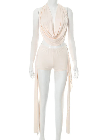 Weird Puss Elegant Women 2 Piece Set Halter Swing Collar Backless Sexy Tank Tops+Side Tassel Shorts Matching Clubwear Outfits