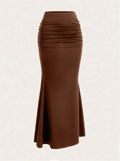 Solid Bodycon Ruched Long Skirt Women Sexy Black Elastic Elegant High Waist Mermaid Maxi Skirts Summer Streetwear