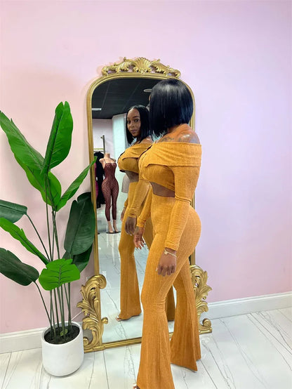 Sexy Knitted Two Piece Set for Women Birthday Outfits Off Shoulder Slash Neck Crop Top and Flare Pants Set Conjuntos Femininos