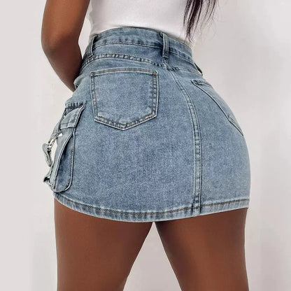 Pocket Design Buckled Denim Skirt Women High Waist Short Mini Skirt Sexy Summer Fashion