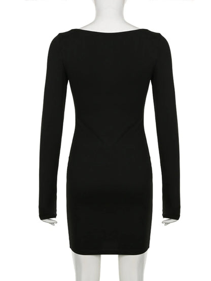 Autumn Winter Sexy Square Neck Low-cut Slim Bodycon Mini Dress Women Long Sleeved Skinny Dress Elegant Club Party Vestidos