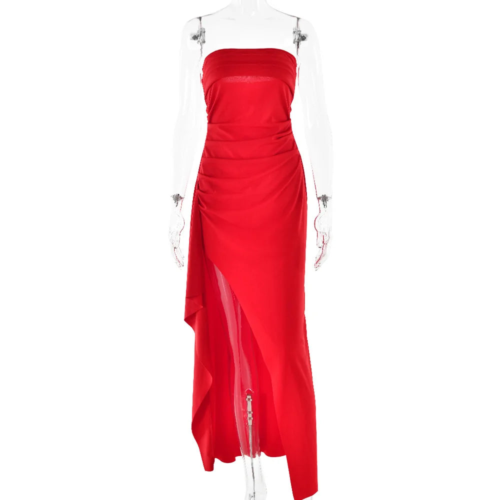 Cryptographic Off Shoulder Elegant High Rise Split Maxi Dress Club Outfits for Women Sexy Strapless Evening Dresses Ruched Gown