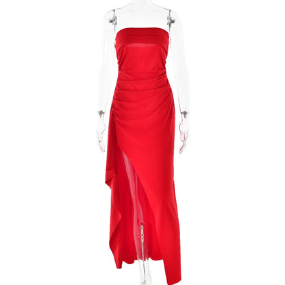 Cryptographic Off Shoulder Elegant High Rise Split Maxi Dress Club Outfits for Women Sexy Strapless Evening Dresses Ruched Gown