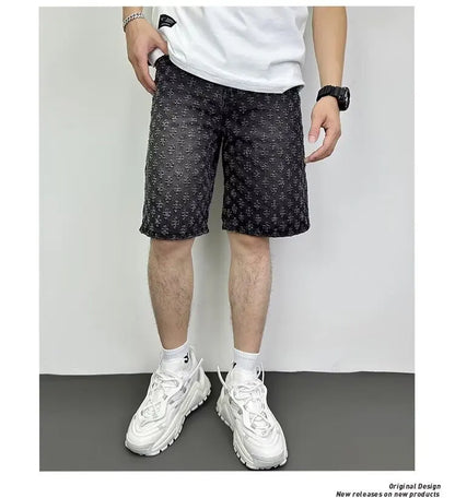 Fashion Casual Summer Light Blue Distressed Men Denim Shorts Smart Straight Leg Loosen Male High Street Niche Design Tide Shorts