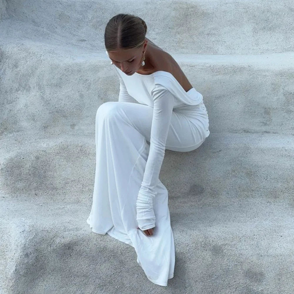 GACVGA Backless Long Sleeve Maxi Dress For Women 2024 Autumn Winter New High Waist White Ruched Sexy Bodycon Long Dress