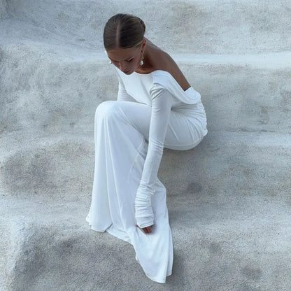 GACVGA Backless Long Sleeve Maxi Dress For Women 2024 Autumn Winter New High Waist White Ruched Sexy Bodycon Long Dress