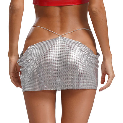 Women Sparkly Sequins Mini Skirt Low Waist Metal Chains Waistband Glitter Skirts Sexy Miniskirt Nightclub Rave Party Clubwear