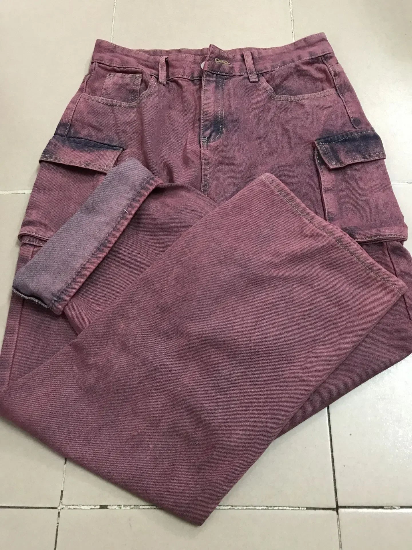 High Waist Tie Dye Denim Pants Women's Workwear Style Loose Fit Multi Pocket Trendy Street Fashion Long Trousers