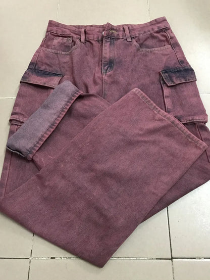 High Waist Tie Dye Denim Pants Women's Workwear Style Loose Fit Multi Pocket Trendy Street Fashion Long Trousers