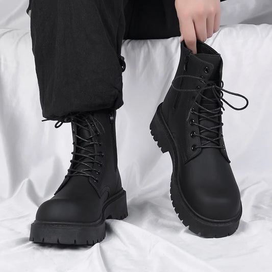 Men's Boots High Top Leather Boots British Style Black Ankle Boots Platform Lace Up Motorcycle Boot Couple Outdoor Casual Shoes