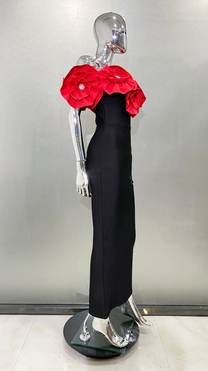 3 Colors Stereoscopic Flowers Sexy Off The Shoulder Ankle Lenght Bandage Dress Woman Birthday Party Vestido Wedding Party Outfit