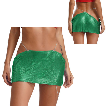 Women Sparkly Sequins Mini Skirt Low Waist Metal Chains Waistband Glitter Skirts Sexy Miniskirt Nightclub Rave Party Clubwear
