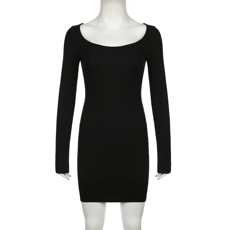 Autumn Winter Sexy Square Neck Low-cut Slim Bodycon Mini Dress Women Long Sleeved Skinny Dress Elegant Club Party Vestidos