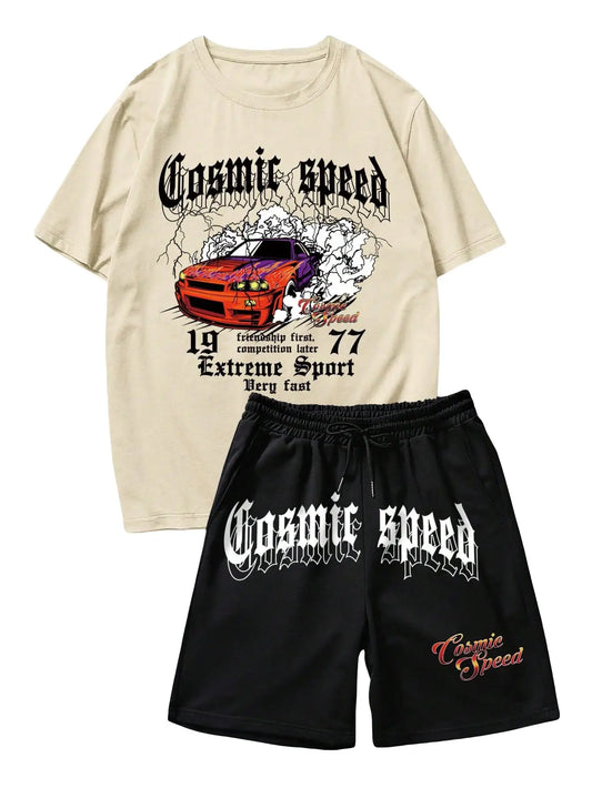 Men's Shorts Set 2-piece Graphic T-shirt and Drawstring Waist Sports Shorts Set Street Harajuku Men Clothing