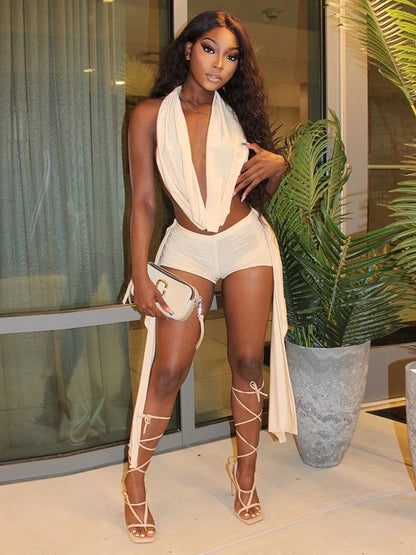 Weird Puss Elegant Women 2 Piece Set Halter Swing Collar Backless Sexy Tank Tops+Side Tassel Shorts Matching Clubwear Outfits