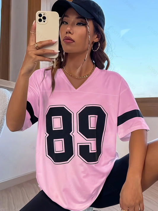 Women's V-Neck 89 Pattern T-Shirt With Stripes Casual Short-Sleeved Top Suitable For Summer Loose And Quick-Drying Sporty Style