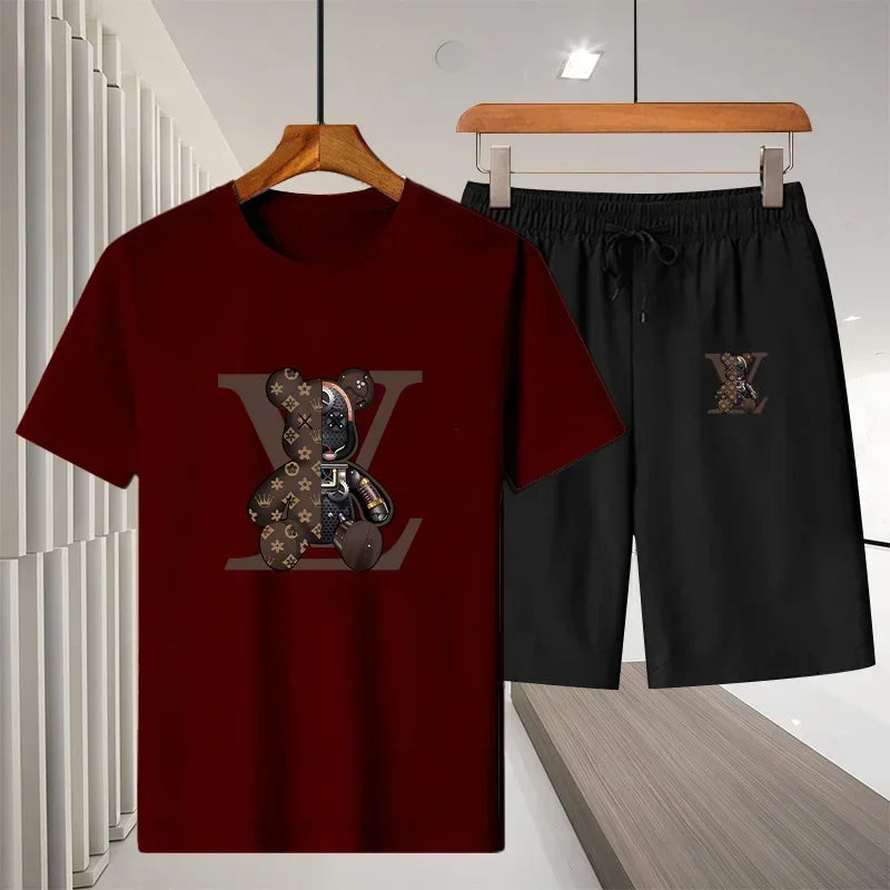 New 2025 summer leisure men's sports suit Outdoor hiking jogging men's short sleeve breathable T-shirt + shorts two-piece set