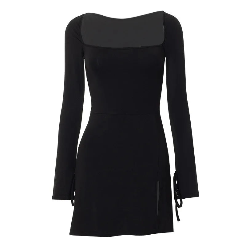 Spring New Mini Dresses Women Streetwear Fashion Long Sleeves Lace-up Split Dress Black Sexy Elegant Casual Slim Dresses Female