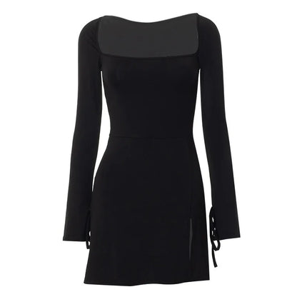 Spring New Mini Dresses Women Streetwear Fashion Long Sleeves Lace-up Split Dress Black Sexy Elegant Casual Slim Dresses Female