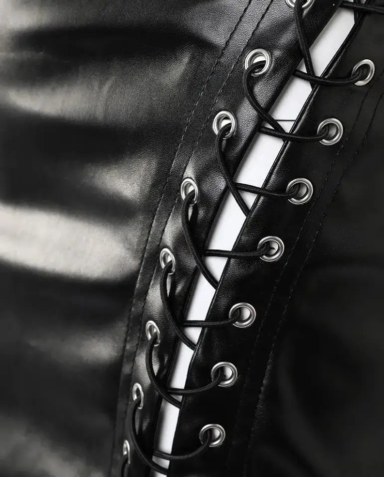 Lace-Up PU Leather Skirt for Woman 2023 New Fashion High Waist Sexy Eyelet Skinny Solid Color Bodycon Mini Skirts Night Out