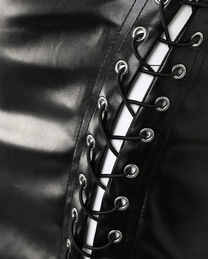 Lace-Up PU Leather Skirt for Woman 2023 New Fashion High Waist Sexy Eyelet Skinny Solid Color Bodycon Mini Skirts Night Out
