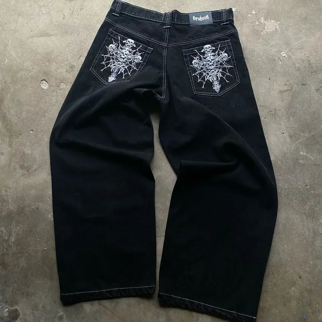 European and American oversized pocket washed wide leg straight leg jeans men's y2k Harajuku high street denim wide leg pants