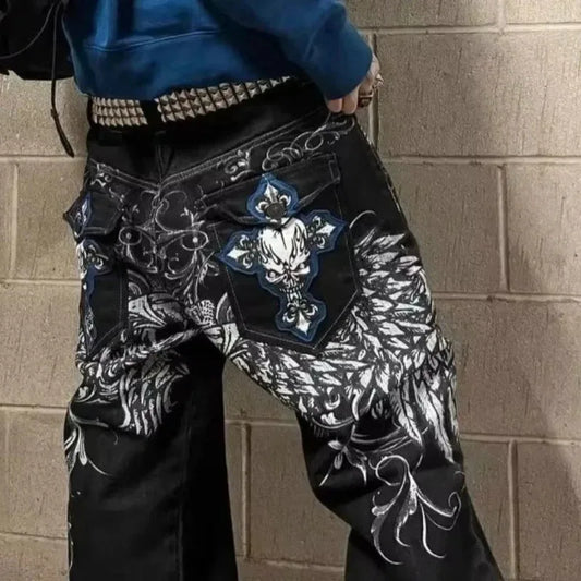 2025 New Jeans embroidered hip-hop wide-leg floor-moving Y2K mid-waist gothic individual men's pants American retro fashion★★★★