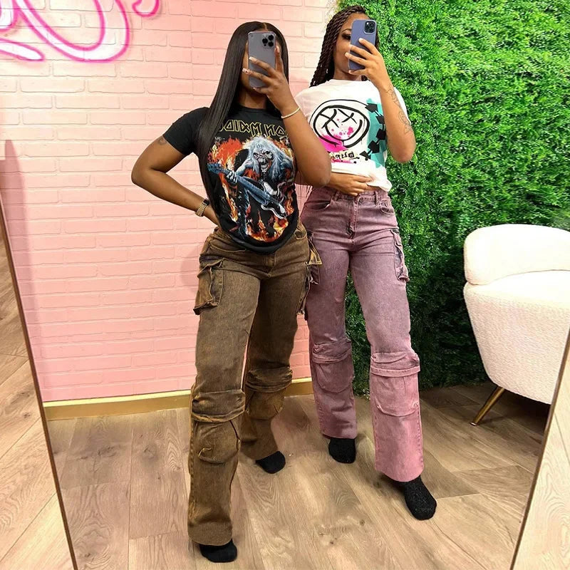 High Waist Tie Dye Denim Pants Women's Workwear Style Loose Fit Multi Pocket Trendy Street Fashion Long Trousers