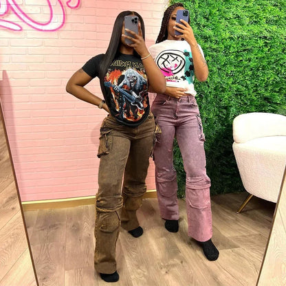 High Waist Tie Dye Denim Pants Women's Workwear Style Loose Fit Multi Pocket Trendy Street Fashion Long Trousers