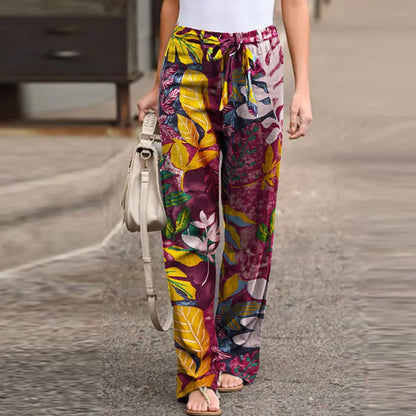 Women Casual Long Pants Print Lace Up Elastic Waist Pant Straight Spliced Pockets Lady Streetwear Elegant Lady Summer 2025