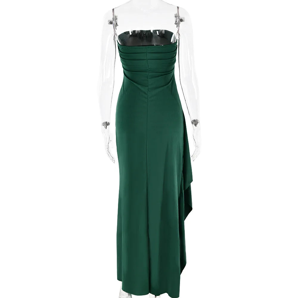Cryptographic Off Shoulder Elegant High Rise Split Maxi Dress Club Outfits for Women Sexy Strapless Evening Dresses Ruched Gown